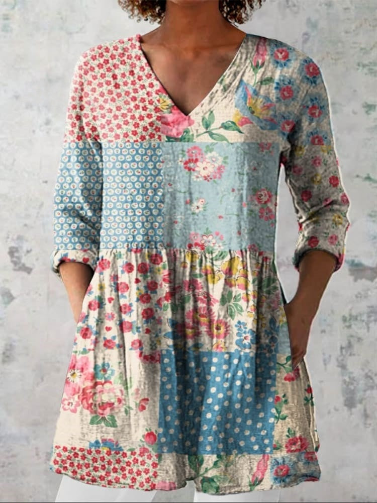 Emily | Vintage-Blumentop mit Patchwork-Blöcken