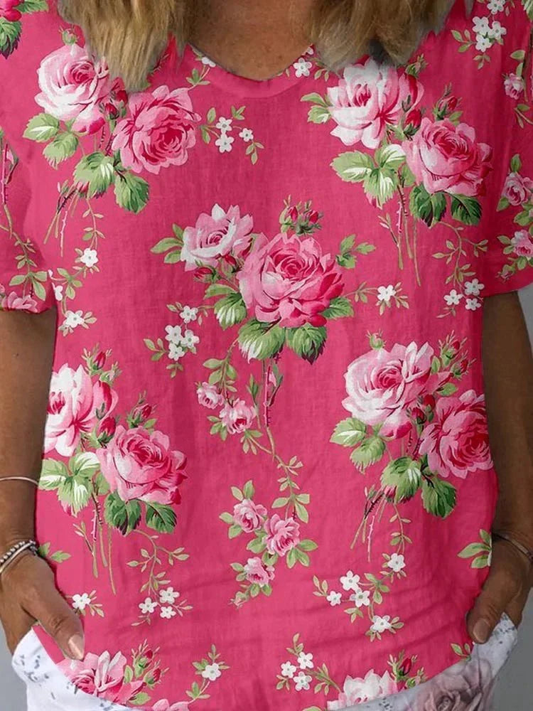 Kerensa | Kurzärmliges Shirt mit Blumenmuster und V-Ausschnitt